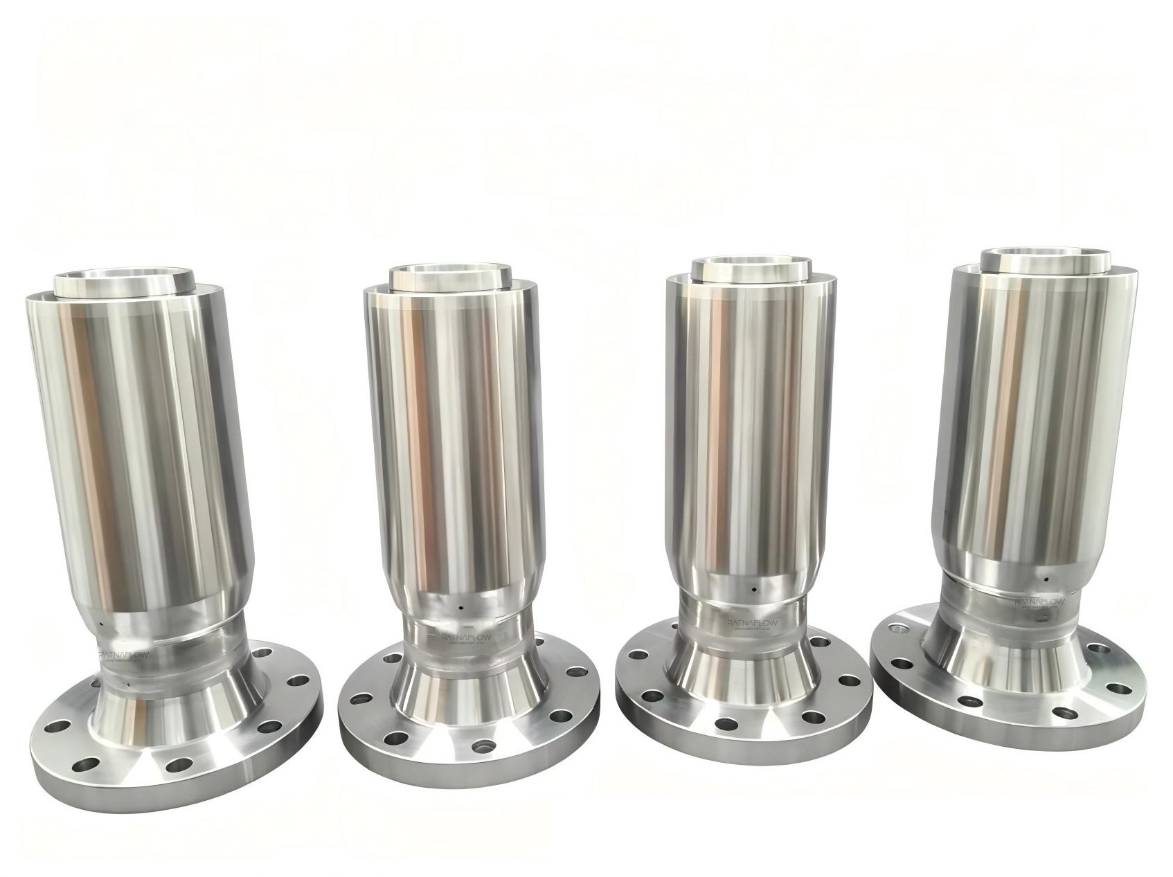 Four Ratnaflow stainless steel flanged end fittings